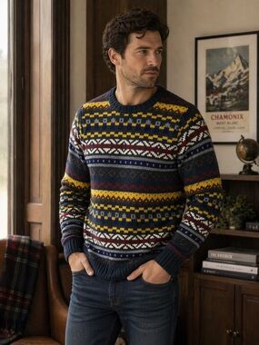 Vintage‎ Topman Nordic Fair Isle Sweater Mens Large Blue Yellow 90's Wool Blend
